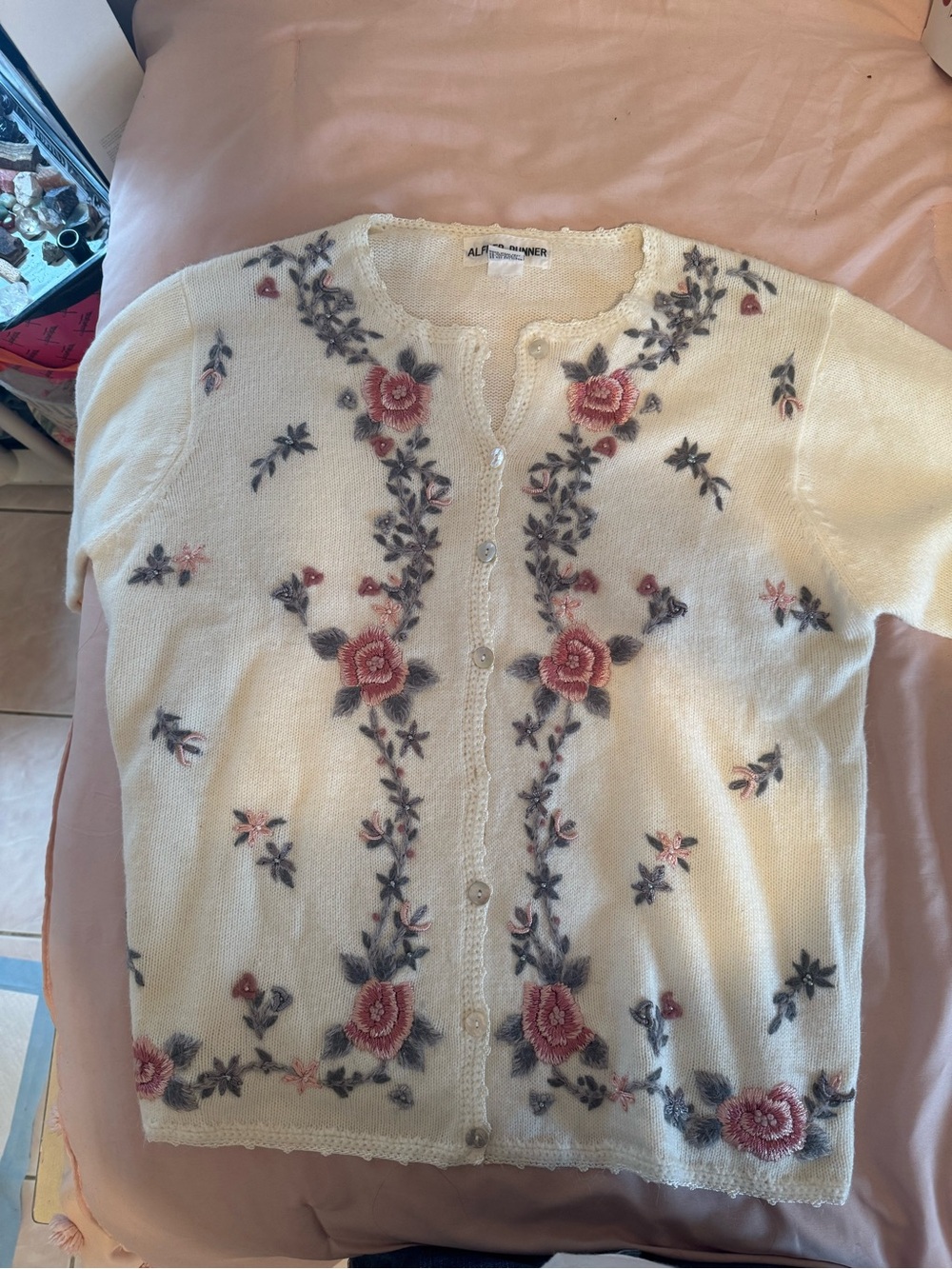 Alfred Dunner Cream Cardigan with Pink Rose Embroidery